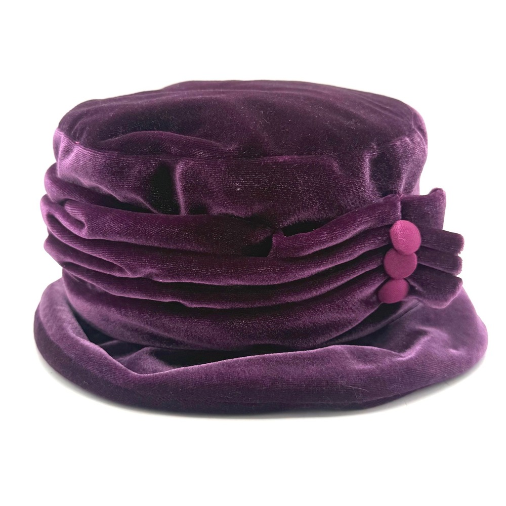 90s Betmar New York Cloche Plum Purple Velvet Bucket Hat Ruched Bow Accent
